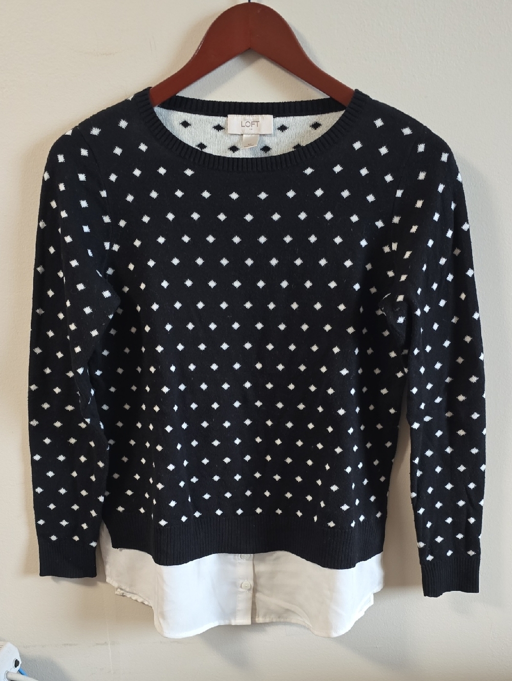 LOFT Black & White Diamond Dot Mixed-Media Crewneck Sweater